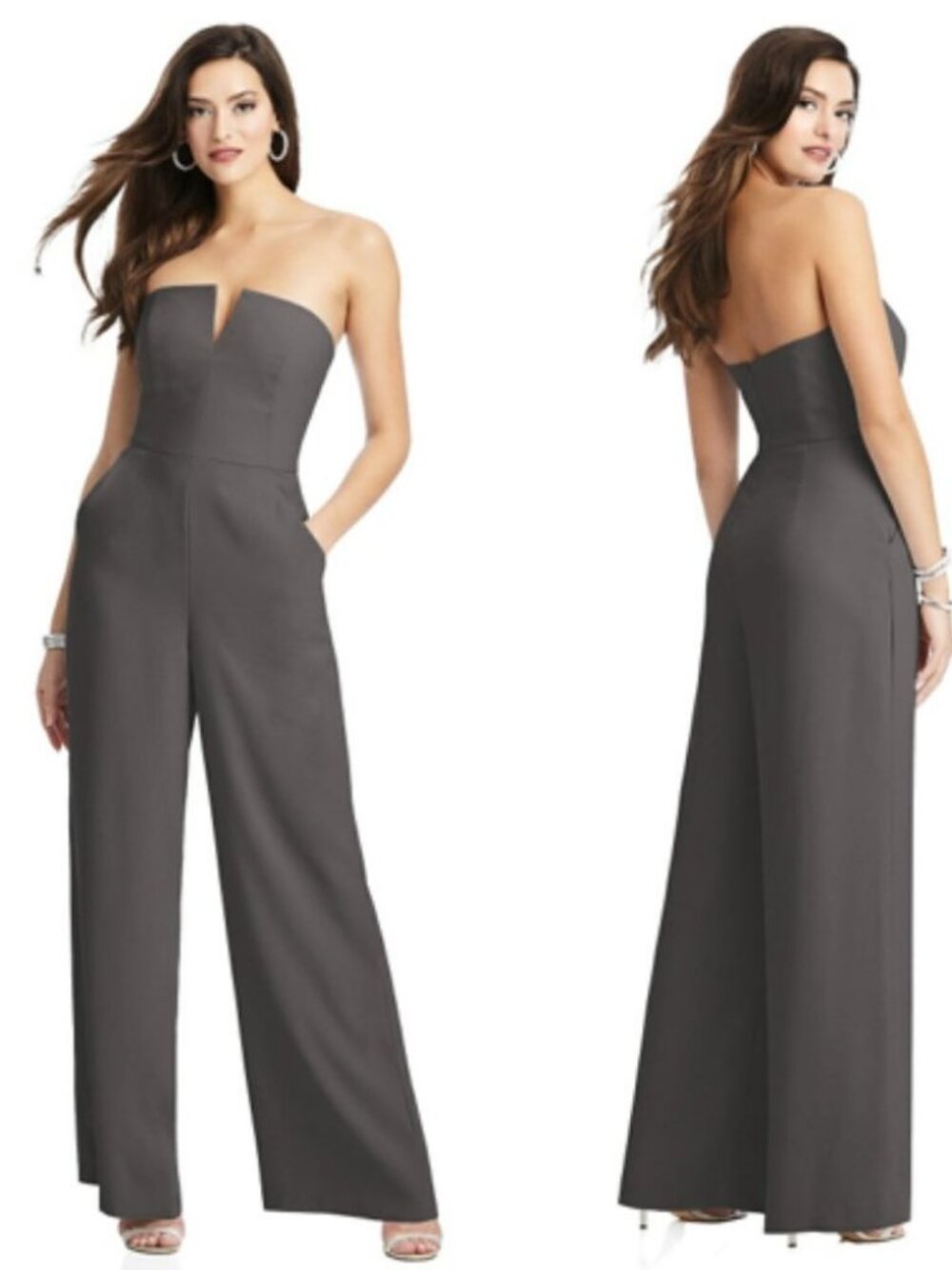 Dessy Collection Gray Strapless Notch Crepe Jumpsuit with Pockets Size 6 NWT